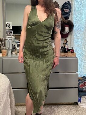 Olive Green Satin V-Neck Slip Dress